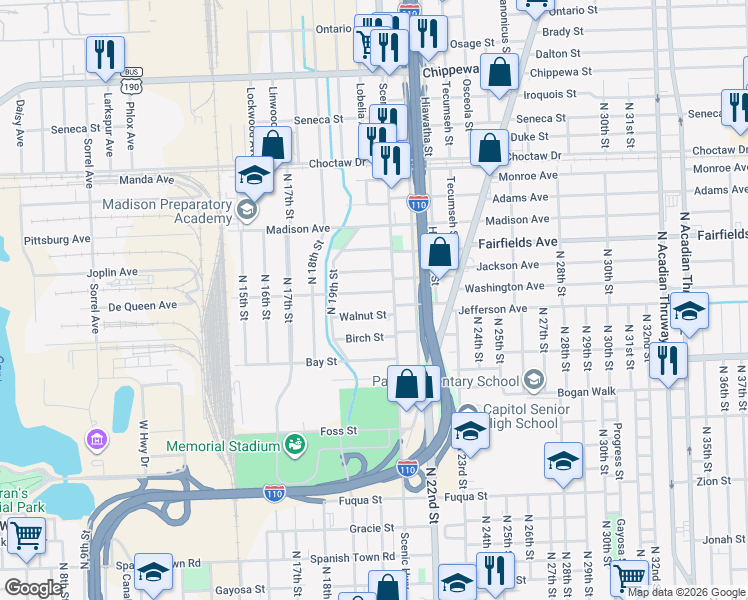 map of restaurants, bars, coffee shops, grocery stores, and more near 2025 Chestnut Street in Baton Rouge
