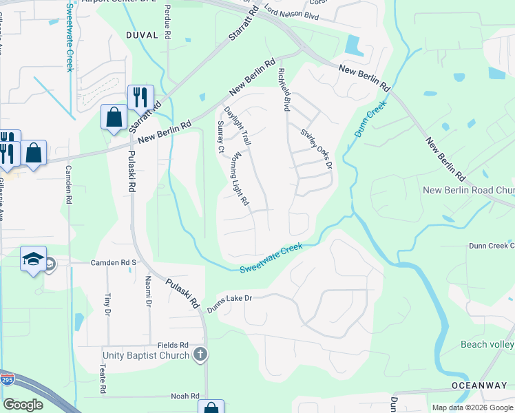 map of restaurants, bars, coffee shops, grocery stores, and more near 1189 Dawn Light Road in Jacksonville