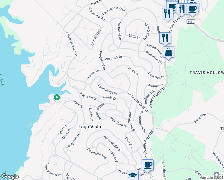 map of restaurants, bars, coffee shops, grocery stores, and more near 20507 Paseo De Vaca Street in Lago Vista