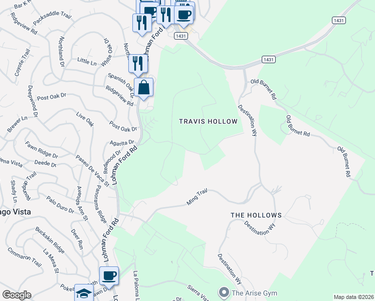 map of restaurants, bars, coffee shops, grocery stores, and more near Burdock Drive in Lago Vista