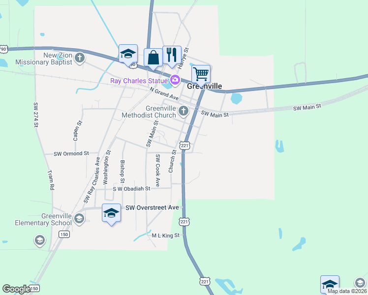 map of restaurants, bars, coffee shops, grocery stores, and more near 411 U.S. 221 in Greenville