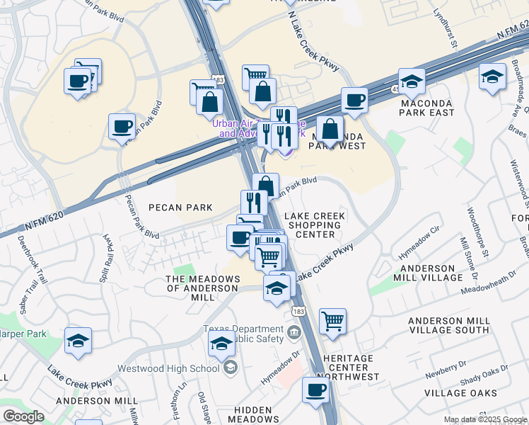 map of restaurants, bars, coffee shops, grocery stores, and more near 14028 U.S. 183 in Austin