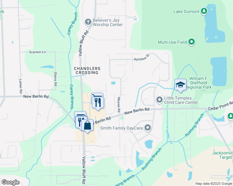 map of restaurants, bars, coffee shops, grocery stores, and more near 12547 Sugarberry Way in Jacksonville