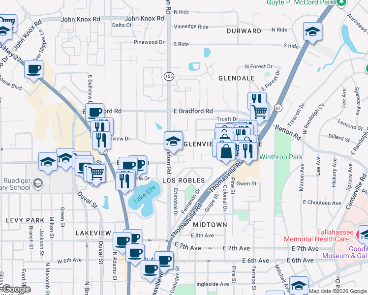 map of restaurants, bars, coffee shops, grocery stores, and more near 417 Glenview Drive in Tallahassee