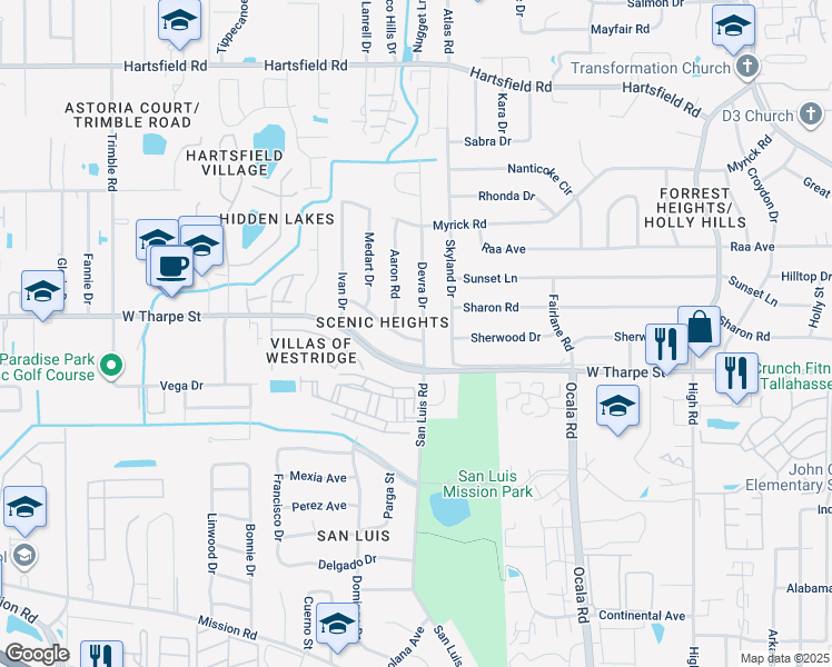 map of restaurants, bars, coffee shops, grocery stores, and more near 1814 Devra Drive in Tallahassee
