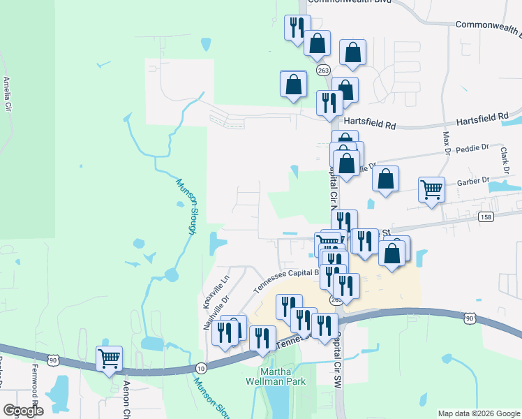 map of restaurants, bars, coffee shops, grocery stores, and more near 1504 Crescent Hills Drive in Tallahassee