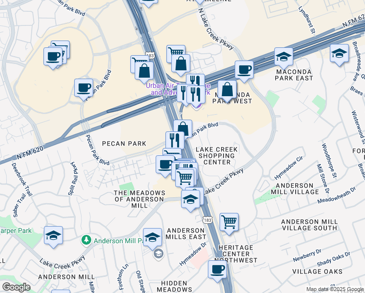 map of restaurants, bars, coffee shops, grocery stores, and more near 13823 Research Boulevard in Austin