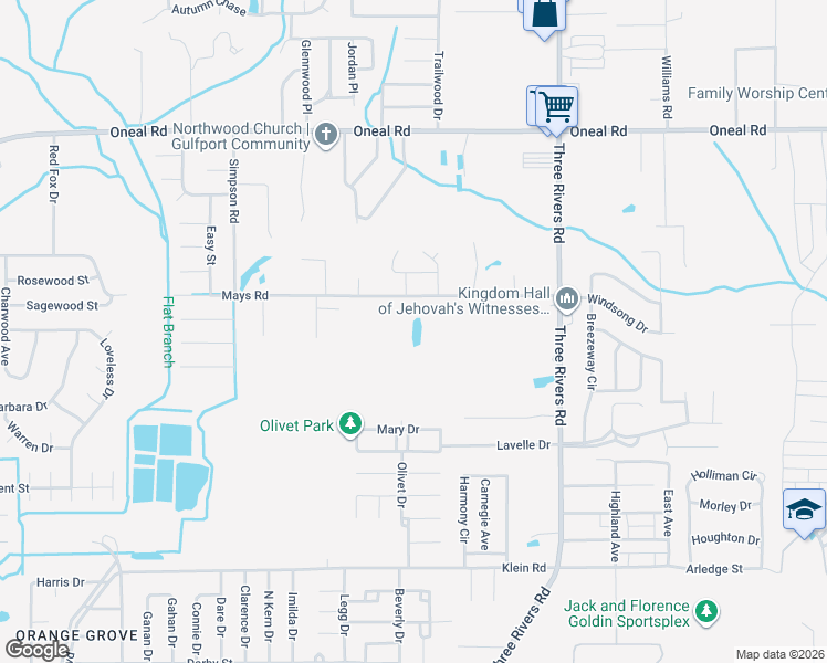 map of restaurants, bars, coffee shops, grocery stores, and more near 14135 Mays Road in Gulfport