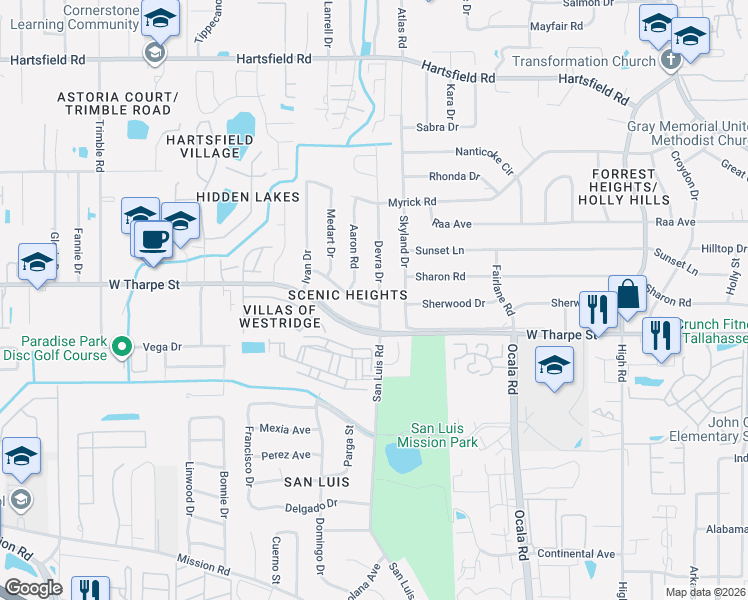 map of restaurants, bars, coffee shops, grocery stores, and more near 2002 Scenic Road in Tallahassee