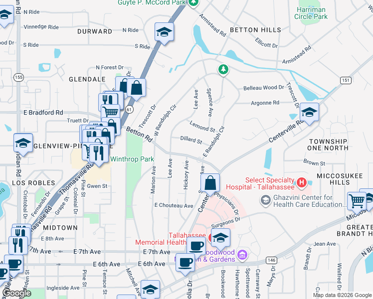map of restaurants, bars, coffee shops, grocery stores, and more near 1308 Betton Road in Tallahassee