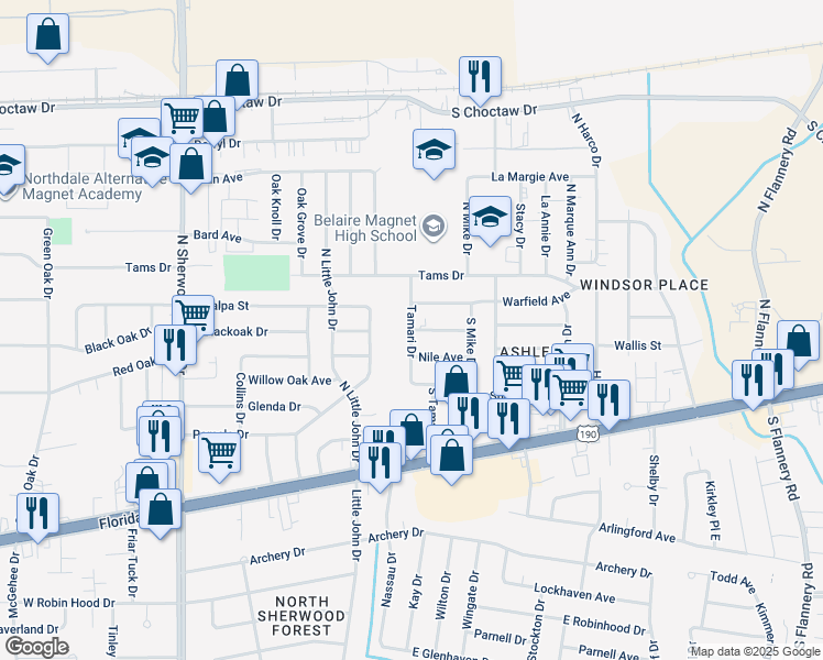 map of restaurants, bars, coffee shops, grocery stores, and more near 12000 Shannon Avenue in Baton Rouge
