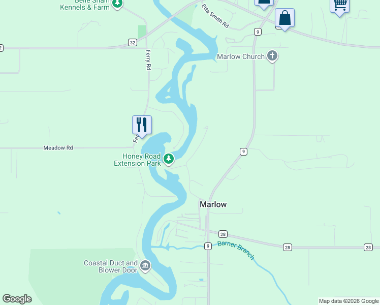 map of restaurants, bars, coffee shops, grocery stores, and more near 16487 Honey Rd in Summerdale