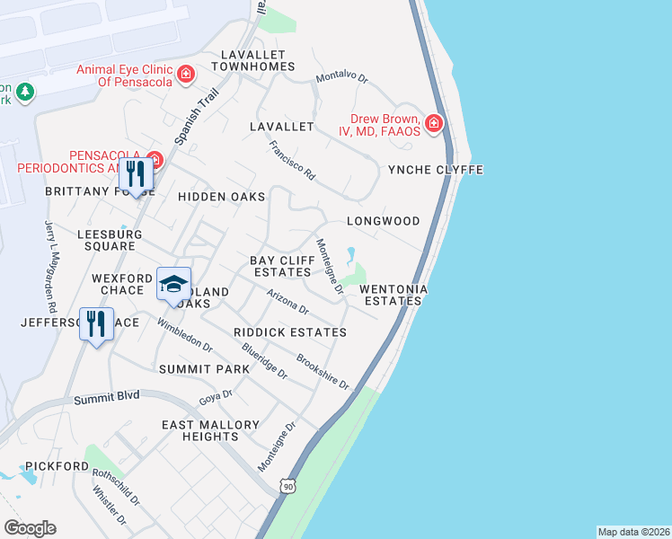 map of restaurants, bars, coffee shops, grocery stores, and more near 4180 Monteigne Drive in Pensacola