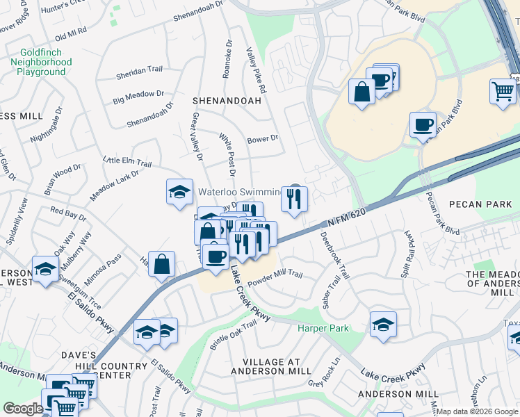 map of restaurants, bars, coffee shops, grocery stores, and more near 1514 Luray Drive in Cedar Park