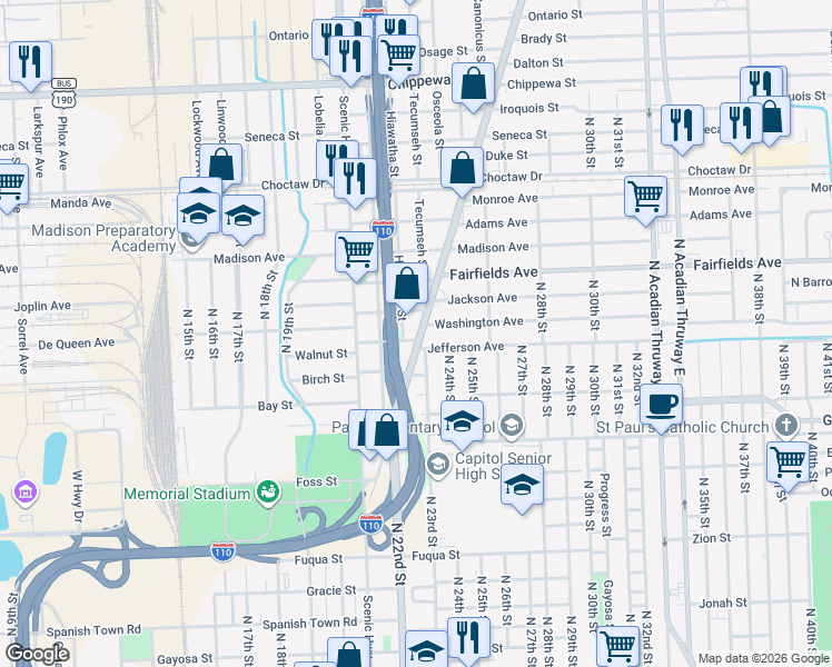 map of restaurants, bars, coffee shops, grocery stores, and more near 1919 Plank Road in Baton Rouge