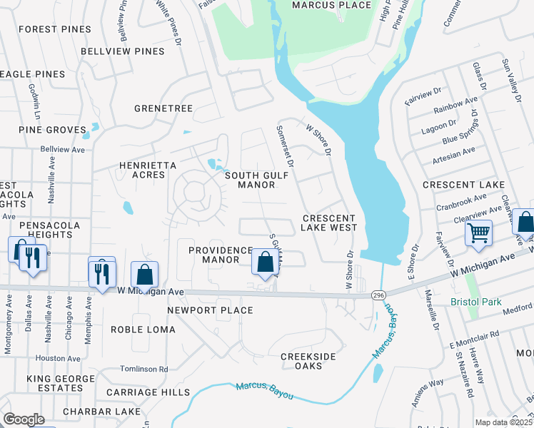 map of restaurants, bars, coffee shops, grocery stores, and more near 6024 South Gulf Manor in Pensacola