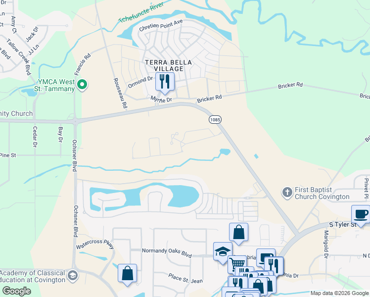 map of restaurants, bars, coffee shops, grocery stores, and more near 601 Weston Way in Covington