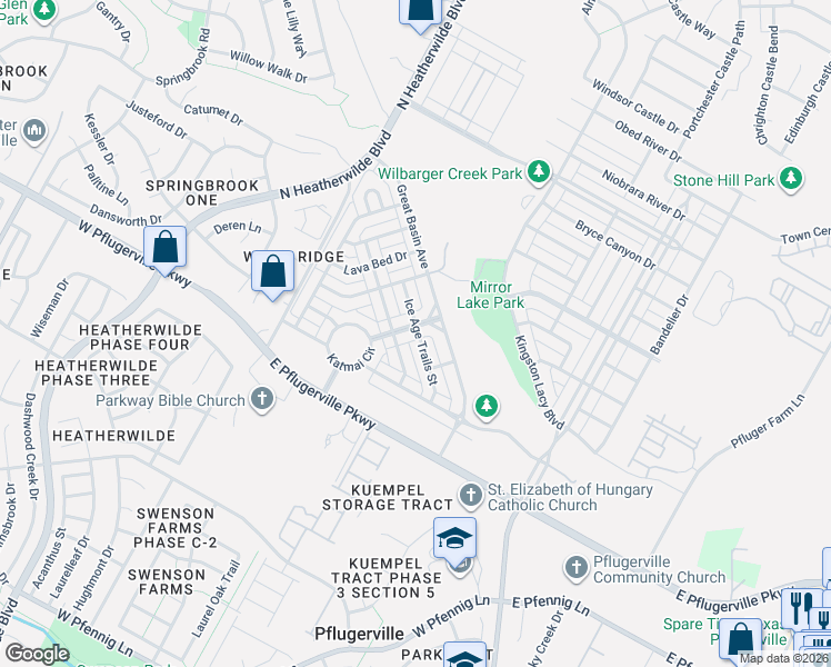 map of restaurants, bars, coffee shops, grocery stores, and more near 17844 Ice Age Trails Street in Pflugerville