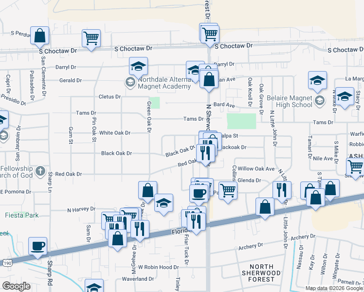 map of restaurants, bars, coffee shops, grocery stores, and more near 1824 Oak Street in Baton Rouge