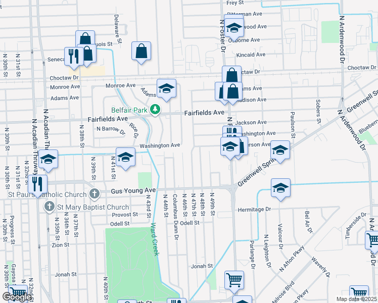 map of restaurants, bars, coffee shops, grocery stores, and more near 1807 Harelson Street in Baton Rouge