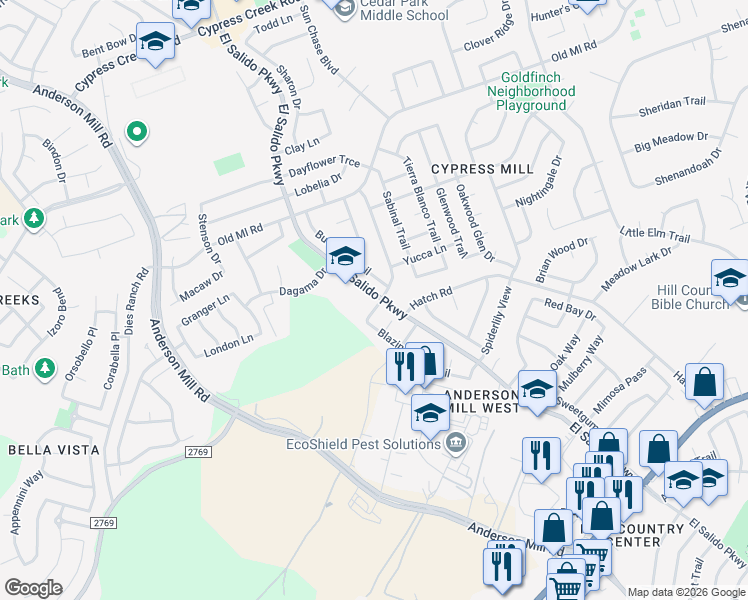 map of restaurants, bars, coffee shops, grocery stores, and more near 1901 Aster Pass in Cedar Park