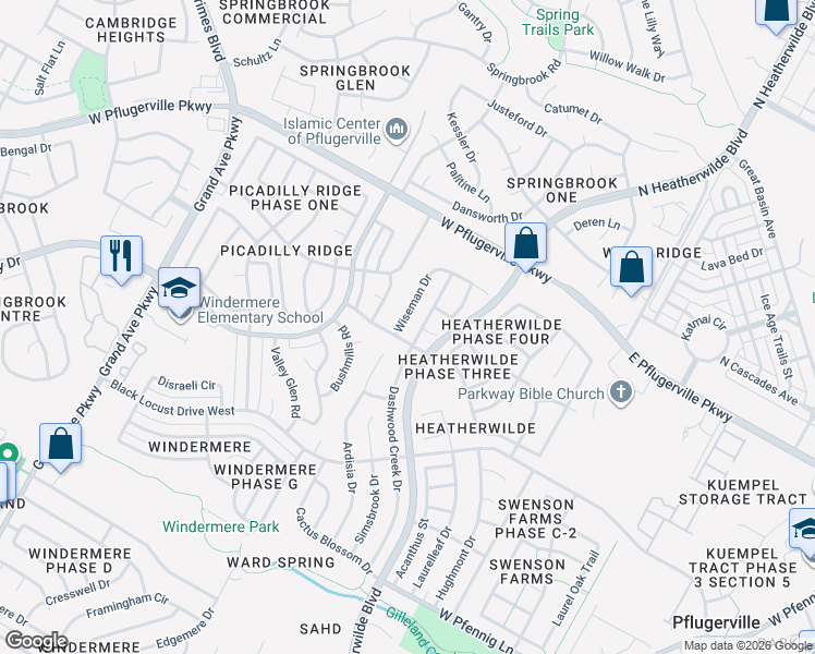 map of restaurants, bars, coffee shops, grocery stores, and more near 17402 Wiseman Drive in Pflugerville
