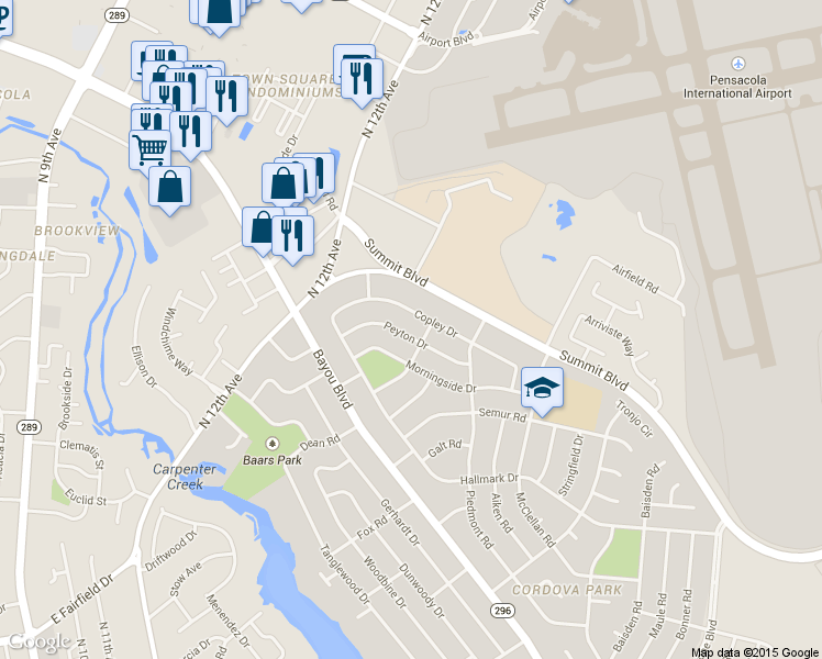 map of restaurants, bars, coffee shops, grocery stores, and more near 1834 Peyton Drive in Pensacola