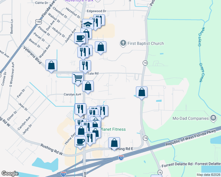 map of restaurants, bars, coffee shops, grocery stores, and more near 1562 Norma Drive in Denham Springs