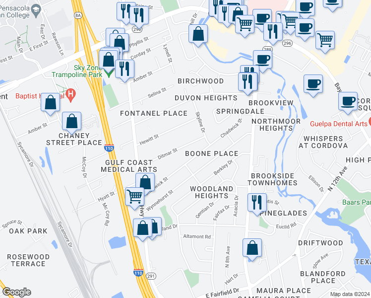 map of restaurants, bars, coffee shops, grocery stores, and more near 639 Ditmar Street in Pensacola