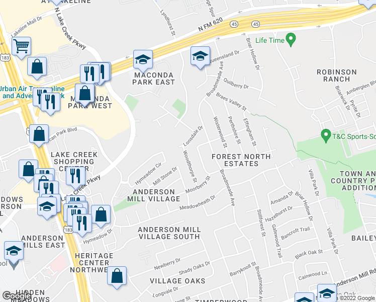 map of restaurants, bars, coffee shops, grocery stores, and more near 13224 Woodthorpe Street in Austin