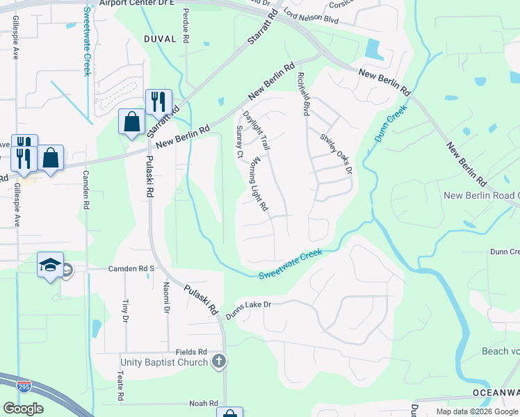 map of restaurants, bars, coffee shops, grocery stores, and more near 1051 Morning Light Road in Jacksonville