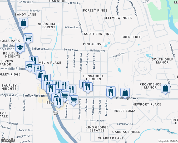 map of restaurants, bars, coffee shops, grocery stores, and more near 6200 Dallas Avenue in Pensacola