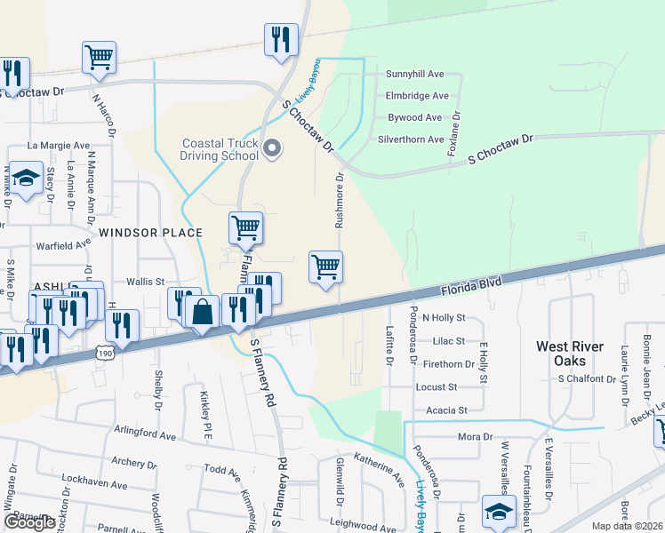 map of restaurants, bars, coffee shops, grocery stores, and more near 283 Rushmore Drive in Baton Rouge