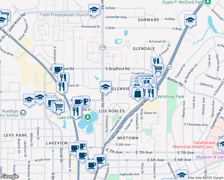 map of restaurants, bars, coffee shops, grocery stores, and more near 417 Glenview Drive in Tallahassee