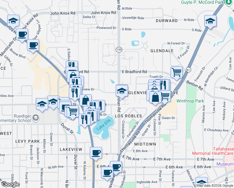 map of restaurants, bars, coffee shops, grocery stores, and more near 321 Glenview Drive in Tallahassee