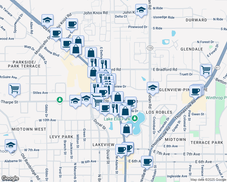 map of restaurants, bars, coffee shops, grocery stores, and more near 103 Glenview Drive in Tallahassee