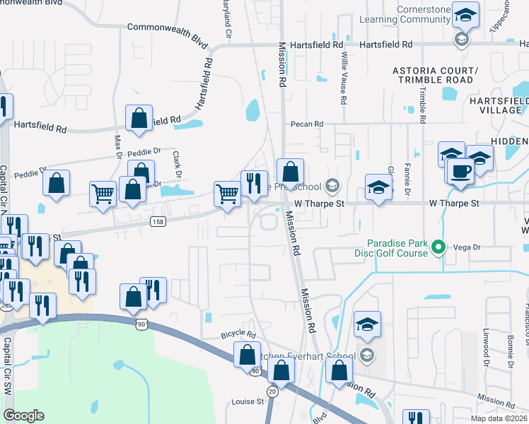 map of restaurants, bars, coffee shops, grocery stores, and more near 2772 Tess Circle in Tallahassee