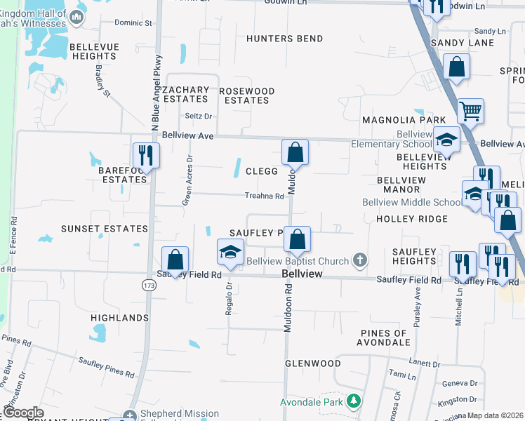 map of restaurants, bars, coffee shops, grocery stores, and more near 5138 Stevendale Drive in Pensacola