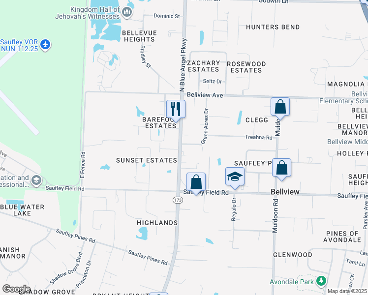 map of restaurants, bars, coffee shops, grocery stores, and more near 6080 North Blue Angel Parkway in Pensacola