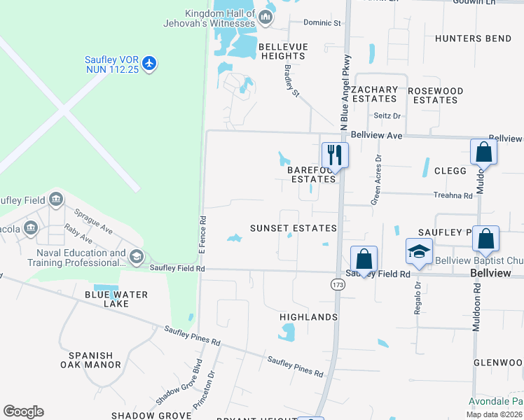 map of restaurants, bars, coffee shops, grocery stores, and more near 6132 Suntan Circle in Pensacola
