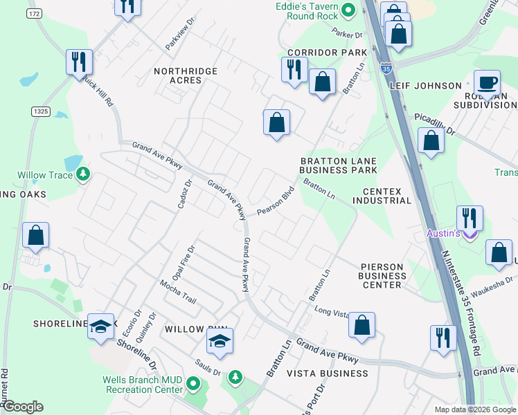 map of restaurants, bars, coffee shops, grocery stores, and more near 15912 Nightshade Street in Austin