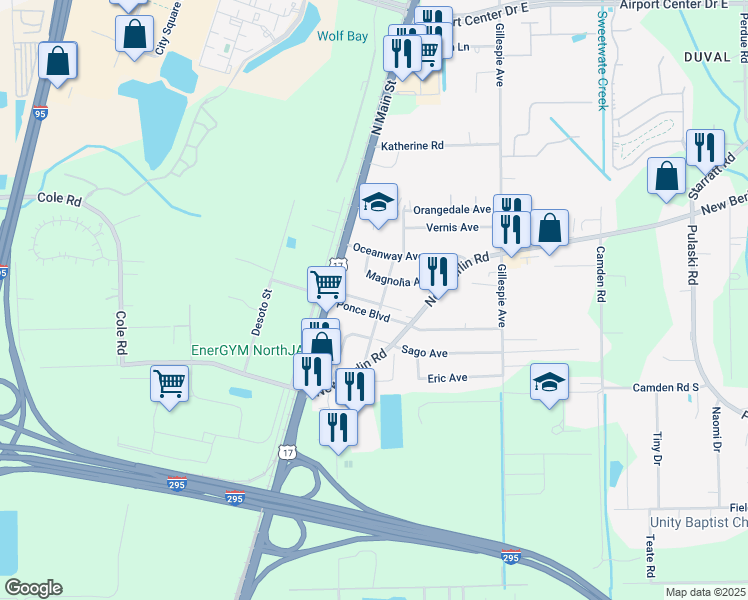 map of restaurants, bars, coffee shops, grocery stores, and more near 57 Ponce Boulevard North in Jacksonville