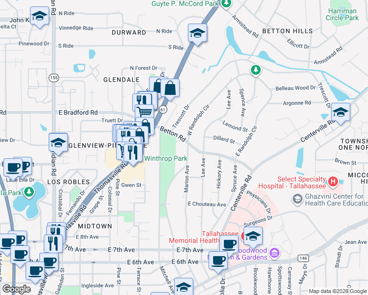 map of restaurants, bars, coffee shops, grocery stores, and more near 1596 Marion Avenue in Tallahassee