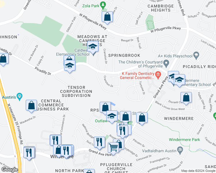 map of restaurants, bars, coffee shops, grocery stores, and more near 16812 Cranston Drive in Round Rock