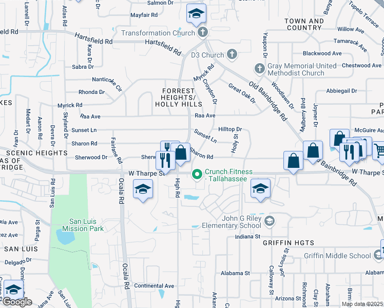 map of restaurants, bars, coffee shops, grocery stores, and more near 1605 Sharon Road in Tallahassee
