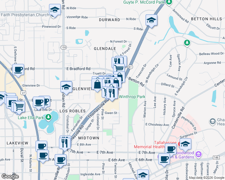 map of restaurants, bars, coffee shops, grocery stores, and more near 1890 Thomasville Road in Tallahassee