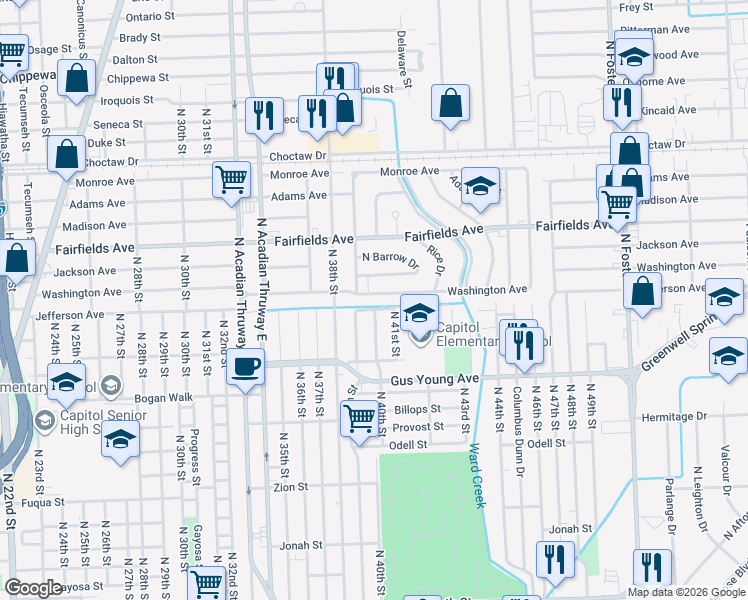 map of restaurants, bars, coffee shops, grocery stores, and more near 3932 Washington Avenue in Baton Rouge