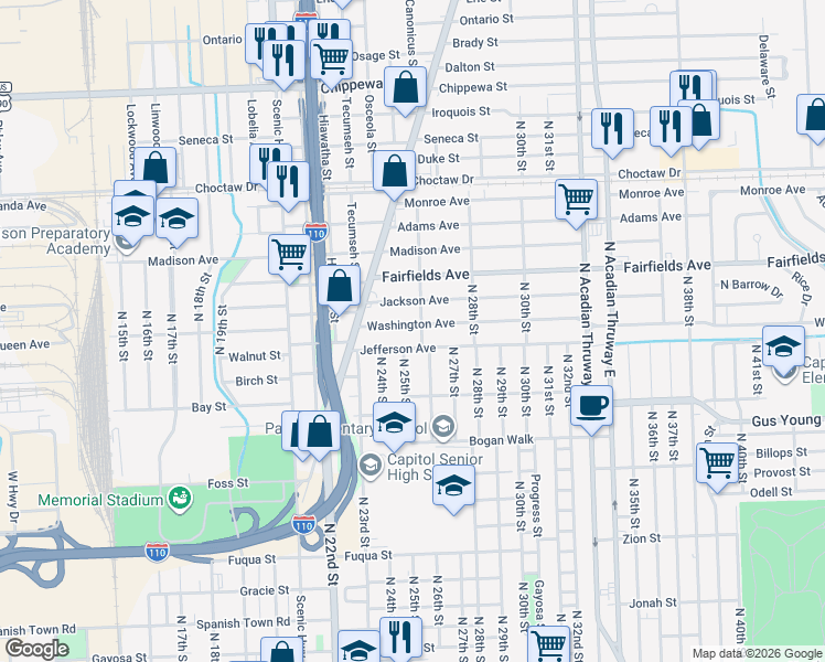 map of restaurants, bars, coffee shops, grocery stores, and more near 2608 Washington Avenue in Baton Rouge