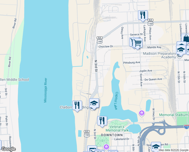 map of restaurants, bars, coffee shops, grocery stores, and more near 2045 North 3rd Street in Baton Rouge