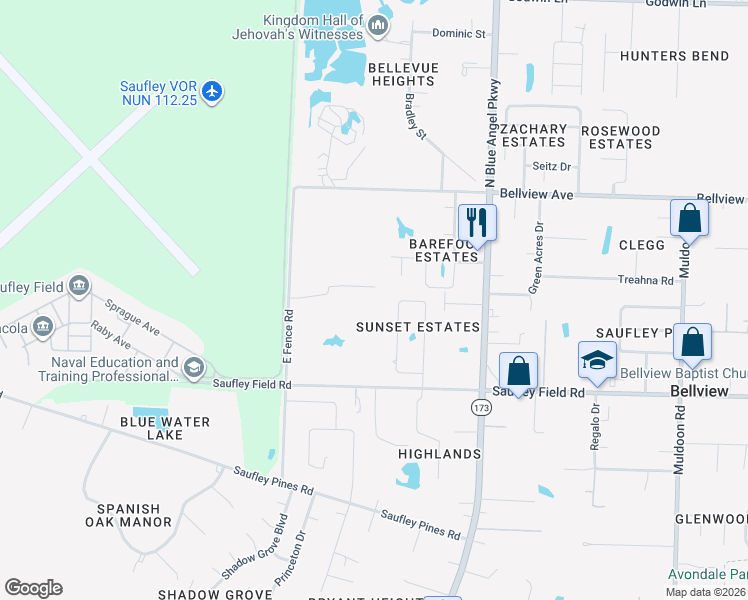 map of restaurants, bars, coffee shops, grocery stores, and more near 6132 Suntan Circle in Pensacola